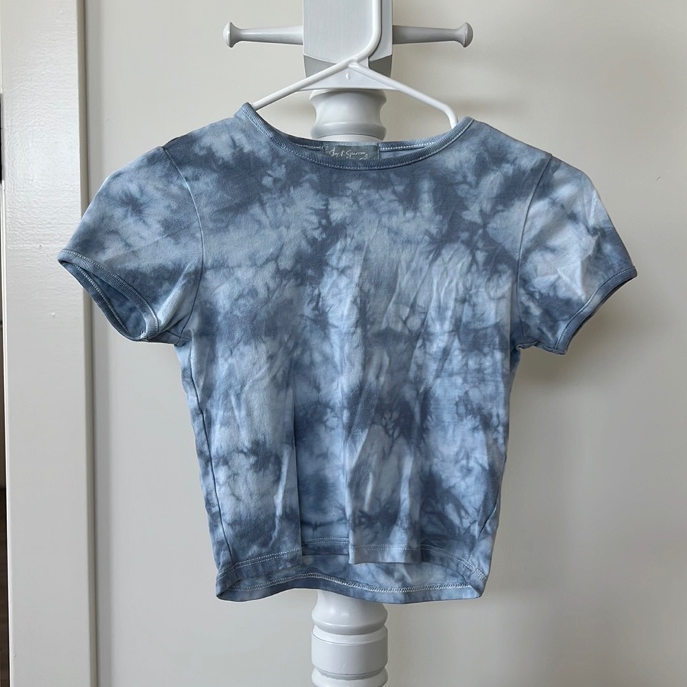 TILLYS SKY & SPARROW Size S Blue and White Tie Dye Cropped T Shirt!!